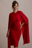 Marysol Red Asymmetric Cape Midi Dress