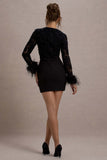 Charli Black Mesh Long-Sleeve Feather-Trim Mini Dress
