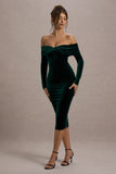 Compliment Bottle Green Velvet Bardot Midi Dress