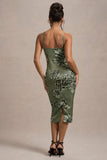 Soprano Olive Floral Print Satin Sweetheart Lace Trim Midi Dress