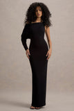 Floria Black Draped One-Sleeve Maxi Dress