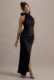 Maureen Black Satin High-Neck Draped Maxi Dress