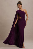Brona Plum One-Shoulder Cape-Sleeve Split Maxi Dress