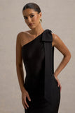 Here For Love Black Satin Asymmetric Maxi Dress With Bow