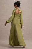 Crawley Light Green Satin Puff-Sleeve Maxi Dress