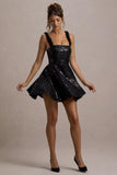 Carena Black Sequin Lace Floral Skater Mini Dress