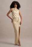 Hayden Sand High-Neck Draped Split Maxi Dress