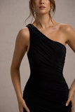 Dorit Black One Shoulder Asymmetric Ruched Midi Dress