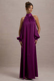 Baila Mulberry Satin High-Neck Cape-Sleeve Maxi Dress