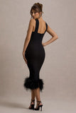 Titania Black Twist-Neck Feather Hem Midi Dress