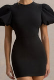 Delaney Black Puff-Sleeve Mini Dress With White Bow