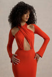 Gita Orange Halter-Neck Long-Sleeve Maxi Dress