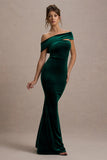 Candela Bottle Green Velvet Asymmetric Bardot Maxi Dress