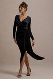 Arcadia Black Velvet Plunge-Neck Wrap Midi Dress