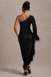 Shadow Black Sequin One-Shoulder Feather Trim Maxi Dress