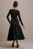 Perpetua Black Drop-Waist Midi Dress With Volume Skirt