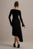 Serenita Black Asymmetric Long-Sleeve Midi Dress