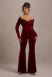 Borealis Berry Velvet Long-Sleeved Bardot Jumpsuit