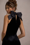 Alondra Black Velvet High-Neck Straight-Leg Jumpsuit