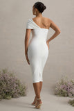 Admired White Ruched One-Shoulder Maternity Midi Dress
