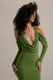 Hurghada Green Plunge-Neck Long-Sleeve Maxi Dress