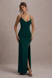 Jeanne Bottle Green Plunge Ruched Cami Maxi Dress With Split