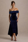 Halia Navy Velvet Bardot Midi Dress