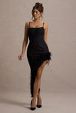 High Status Black Strappy Corset Asymmetric Maxi Dress With Feather Trim