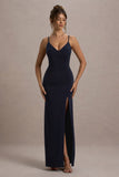 Jeanne Navy Plunge Ruched Cami Maxi Dress With Split