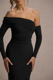 Stand Out Black Bardot Long Sleeve Ruched Maxi With Side Split