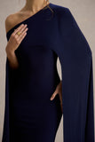Florentina Navy One-Shoulder Cape Maxi Dress