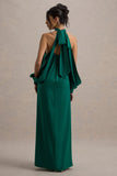Baila Bottle Green Satin High-Neck Cape-Sleeve Maxi Dress