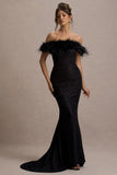 Idyll Black Lace Bardot Feather Fishtail Maxi Dress
