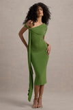 Vallea Green One-Shoulder Draped Midi Dress