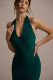 Glamour Bottle Green Backless V Plunge Halter Neck Maxi Dress With Side Split