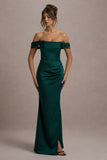 Kimberly Bottle Green Bardot Satin Maxi Dress