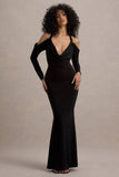 Hurghada Black Plunge-Neck Long-Sleeve Maxi Dress