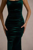 Adele Bottle Green Velvet Ruched Strappy Fishtail Maxi Dress