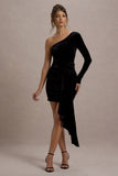 Saint Moritz Black Velvet One Sleeve Mini Dress With Flower Drape