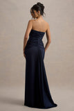 Desirie Navy Satin Sweetheart Gathered Maxi Dress
