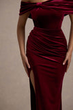 Merelyn Berry Velvet Bow Bardot Split Maxi Dress