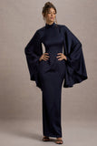 Maceline Navy Satin High-Neck Maxi Dress With Cape Sleeves