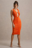 Anaisa Orange Plunge Halter-Neck Midi Dress