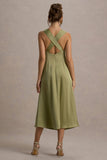 Beck Light Green Satin Plunge-Neck Cross-Back Midi Dress