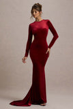 Keaton Berry Velvet Long-Sleeve Open-Back Maxi Dress