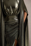 Theia Gold Metallic Cape-Sleeve Split Maxi Dress