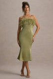 One And Only Light Green Satin Feather Trim Bandeau Midi Dress