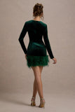 Tamsin Bottle Green Velvet Long-Sleeved Feather Mini Dress