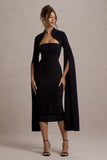 Linden Black Bodycon Cape-Sleeve Midi Dress