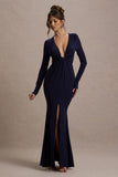 Aluna Navy Plunge-Neck Twisted Split Maxi Dress